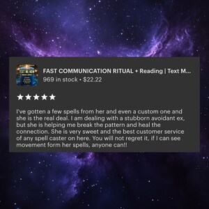 May include: An image with a dark purple and blue galaxy background. A gray box contains text that reads "FAST COMMUNICATION RITUAL + Reading | Text M..." and "TEXT ME NOW". The image also includes a customer review.