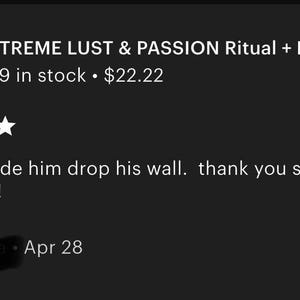 May include: Image of a product listing with the text "EXTREME LUST & PASSION Ritual + Re..." and a product image. The listing includes a five-star rating and a customer review that reads, "the spell made him drop his wall. thank you so much! just brilliant!"