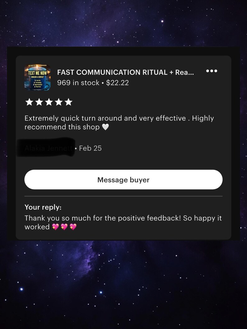 May include: Screenshot of an Etsy shop review for "FAST COMMUNICATION RITUAL + Rea...". The review includes a five-star rating and positive feedback. The reply from the shop owner is also visible.