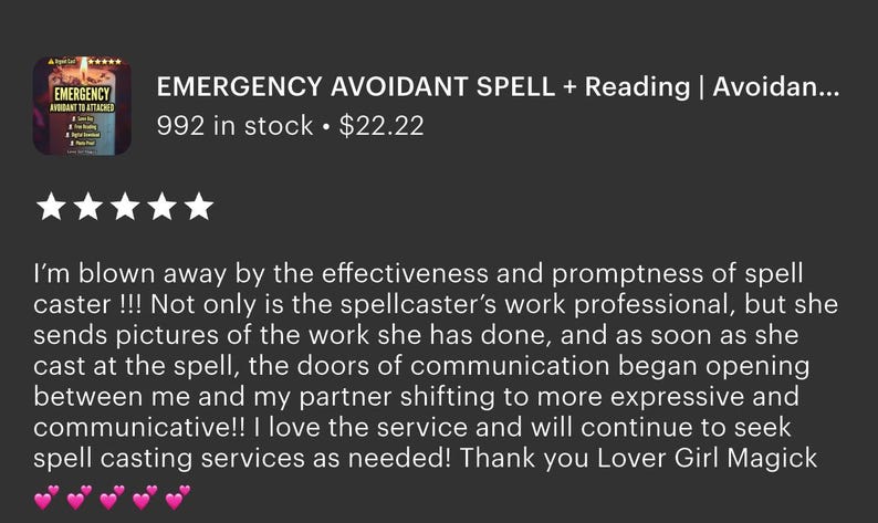 May include: Image of an Etsy listing for an Emergency Avoidant Spell and Reading. The listing includes a book cover image, five-star ratings, and customer testimonials. The text includes the title, stock count, and price.