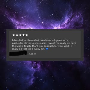 May include: A digital graphic with a starry purple and blue background. A black heart is at the top. A review with five stars is in a gray box. The text reads: "I decided to place a bet on a baseball game..." The shop name "LoverGirlMagick" is at the bottom.