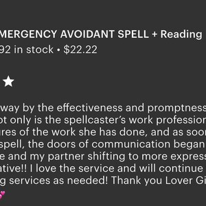 May include: Image of an Etsy listing for an Emergency Avoidant Spell and Reading. The listing includes a book cover image, five-star ratings, and customer testimonials. The text includes the title, stock count, and price.