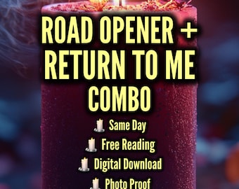 May include: A burgundy candle with a lit flame, featuring text that reads "ROAD OPENER + RETURN TO ME COMBO." Additional text includes "Same Day," "Free Reading," "Digital Download," and "Photo Proof." The words "Urgent Cast" and "Lover Girl Magick" are also visible.