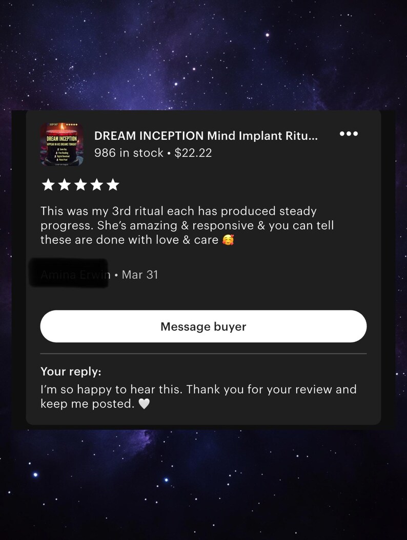 May include: Screenshot of an Etsy listing for "DREAM INCEPTION Mind Implant Ritu..." with a five-star review. The review praises the product's effectiveness and the seller's responsiveness. The listing includes the text "986 in stock" and a reply from the seller.
