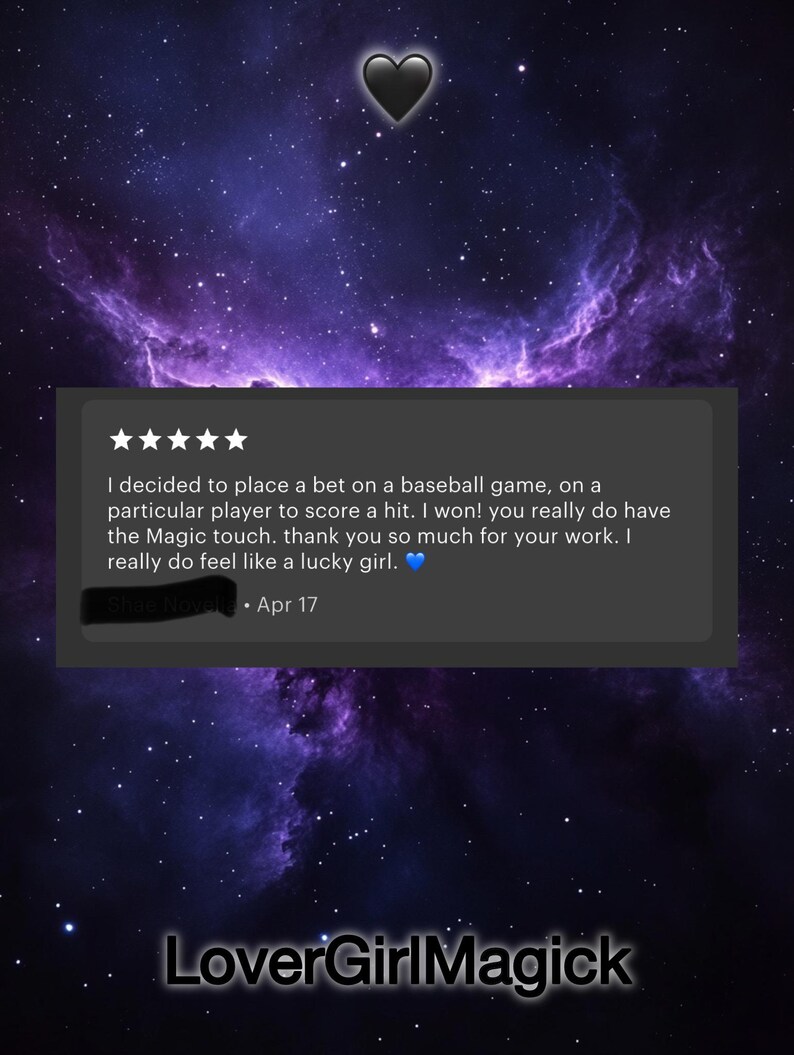 May include: A digital graphic with a starry purple and blue background. A black heart is at the top. A review with five stars is in a gray box. The text reads: "I decided to place a bet on a baseball game..." The shop name "LoverGirlMagick" is at the bottom.