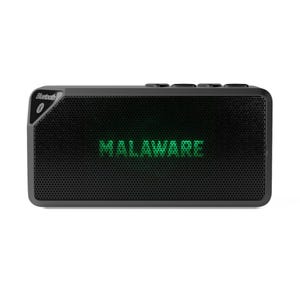 May include: Black rectangular Bluetooth speaker with a perforated front panel. The word "MALAWARE" is illuminated in green across the speaker's front. The speaker has a Bluetooth logo on the upper left corner.
