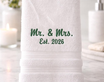 Custom Embroidered Hand Towel – Mr & Mrs Established Date Guest Bath Decor, Wedding Gift