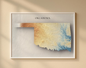Oklahoma Topographic Map Print | Elevation Relief Wall Art, State Poster, Terrain Map Gift