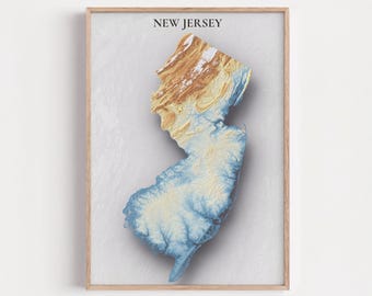 New Jersey Topographic Map Print | Elevation Relief Wall Art, State Poster, Terrain Map Gift