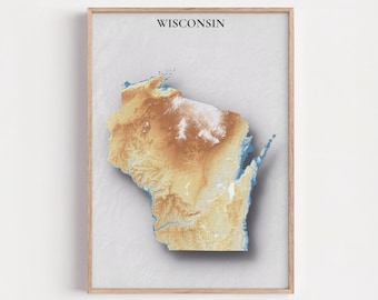 Wisconsin Topographic Map Print | Elevation Relief Wall Art, State Poster, Terrain Map Gift