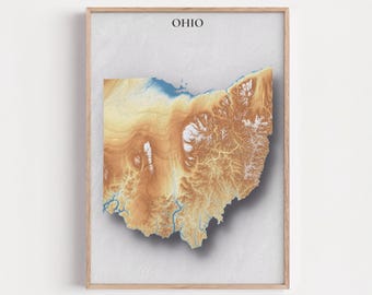 Ohio Topographic Map Print | Elevation Relief Wall Art, State Poster, Terrain Map Gift