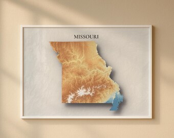 Missouri Topographic Map Print | Elevation Relief Wall Art, State Poster, Terrain Map Gift