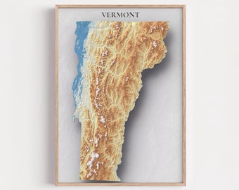 Vermont Topographic Map Print | Elevation Relief Wall Art, State Poster, Terrain Map Gift