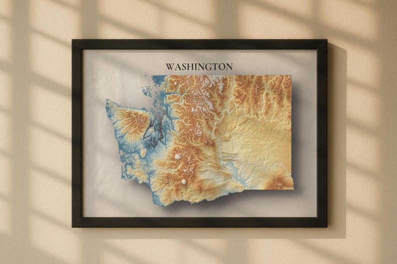 Washington Topographic Map Print | Elevation Relief Wall Art, State ...