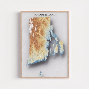 May include: A framed 3D map of Rhode Island, featuring a relief design with shades of brown, tan, and blue. The state's name, "RHODE ISLAND," is printed in capital letters at the top. The artwork is set against a light gray background.
