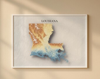 Louisiana Topographic Map Print | Elevation Relief Wall Art, State Poster, Terrain Map Gift