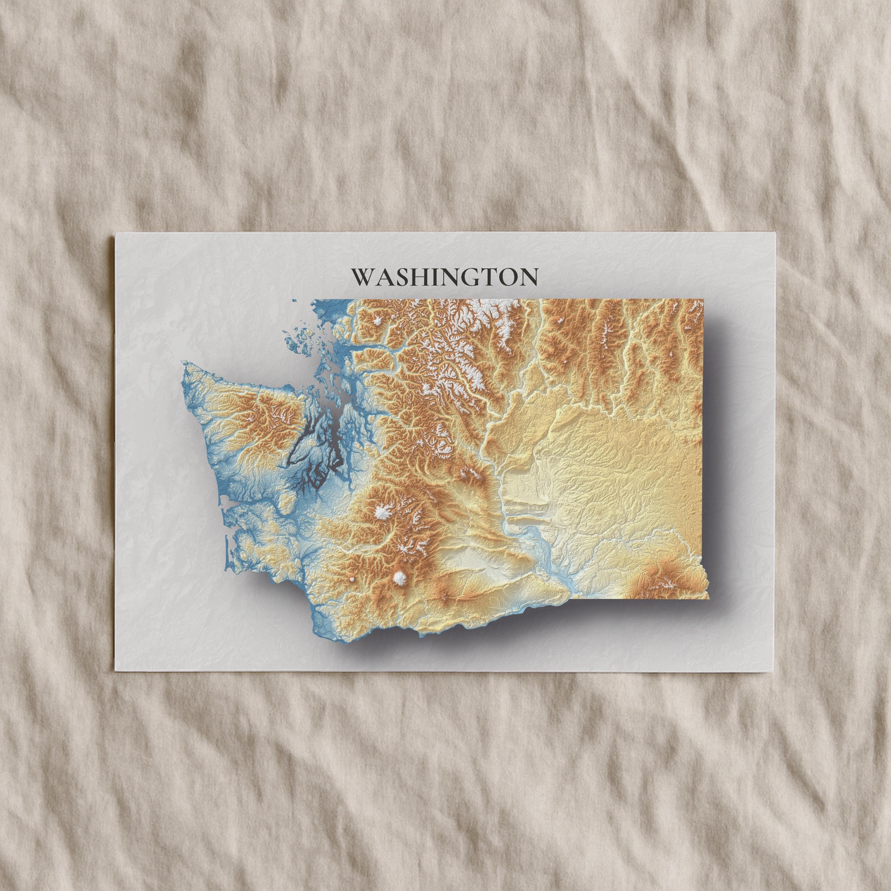 Washington Topographic Map Print | Elevation Relief Wall Art, State ...