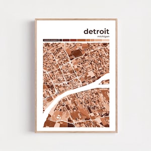 Lámina artística del mapa de Detroit, póster moderno de mosaico de la ciudad, elige tu color, regalo de viaje