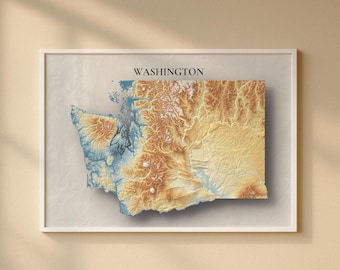 Washington Topographic Map Print | Elevation Relief Wall Art, State Poster, Terrain Map Gift