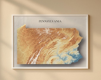 Pennsylvania Topographic Map Print | Elevation Relief Wall Art, State Poster, Terrain Map Gift