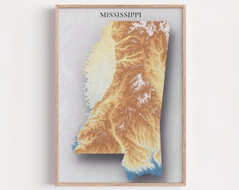 Mississippi Topographic Map Print | Elevation Relief Wall Art, State Poster, Terrain Map Gift