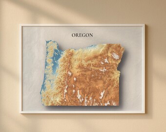 Oregon Topographic Map Print | Elevation Relief Wall Art, State Poster, Terrain Map Gift