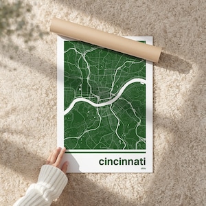 Póster con mapa de Cincinnati / Arte minimalista monocromático, elige tu color, regalo de inauguración de casa