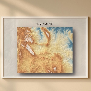 Puede incluir: Obra de arte enmarcada que presenta un mapa topográfico detallado de Wyoming. El mapa muestra tonos de marrón, beige y azul, representando el terreno del estado. La palabra "WYOMING" está impresa en negro en la parte superior del marco.
