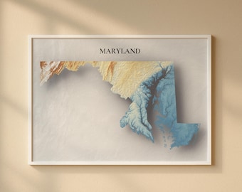 Maryland Topographic Map Print | Elevation Relief Wall Art, State Poster, Terrain Map Gift