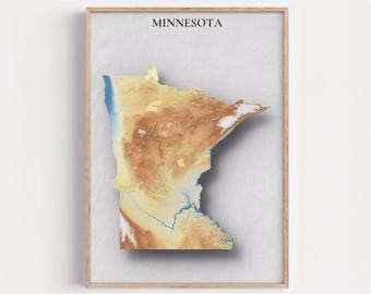 Minnesota Topographic Map Print | Elevation Relief Wall Art, State Poster, Terrain Map Gift