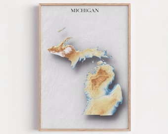 Michigan Topographic Map Print | Elevation Relief Wall Art, State Poster, Terrain Map Gift