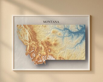 Montana Topographic Map Print | Elevation Relief Wall Art, State Poster, Terrain Map Gift