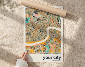 Custom City Mosaic Map Print, Colorful Street Grid Art Poster, Personalized World Map