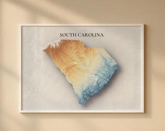 South Carolina Topographic Map Print | Elevation Relief Wall Art, State Poster, Terrain Map Gift