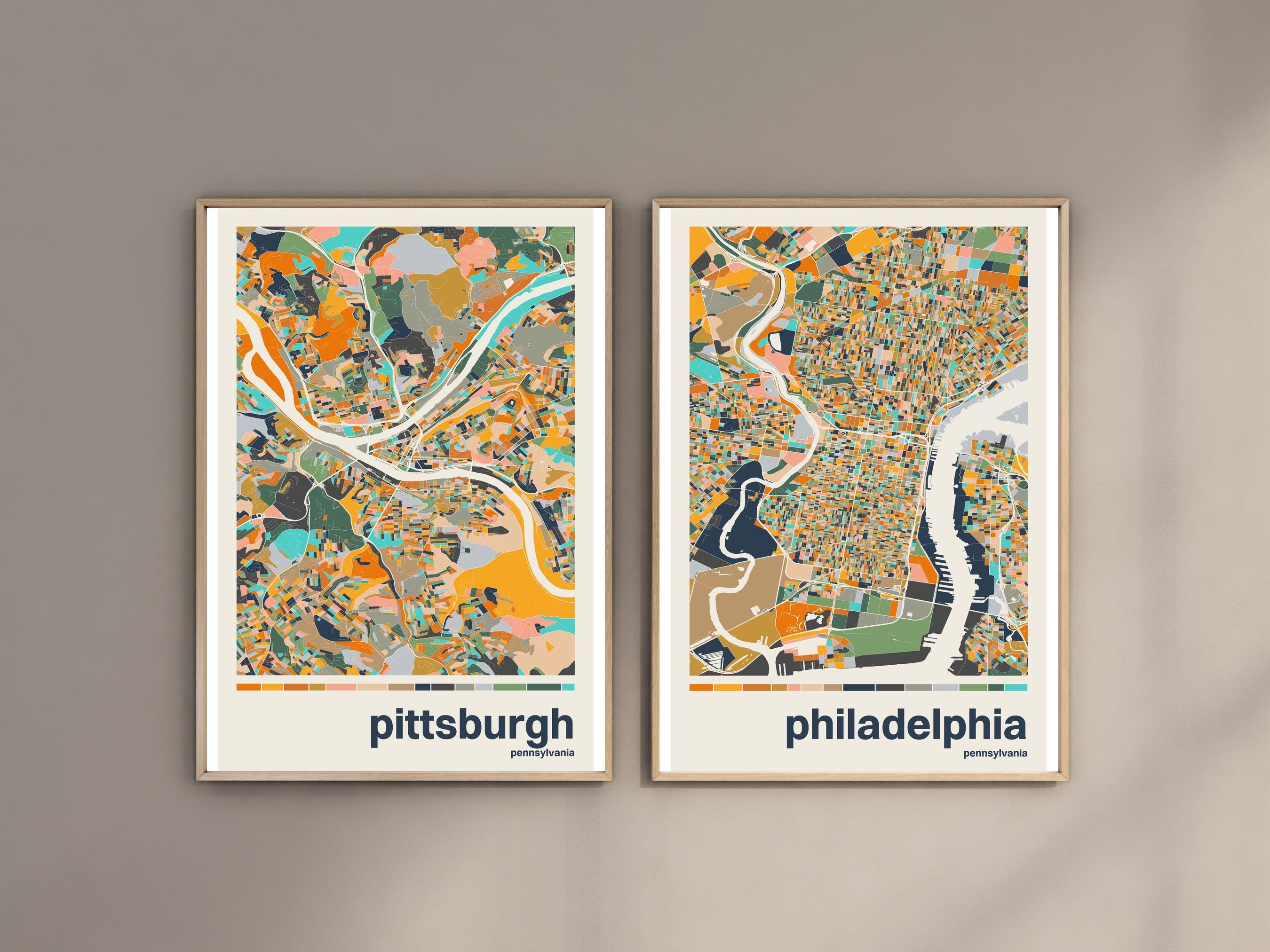 Philadelphia Colorful Map Art Print, Modern City Block Poster, Abstract ...