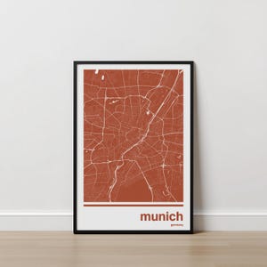 Mapa monocromático de Múnich para pared / Póster llamativo de la ciudad, 6 colores, regalo para un nuevo hogar