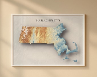 Massachusetts Topographic Map Print | Elevation Relief Wall Art, State Poster, Terrain Map Gift