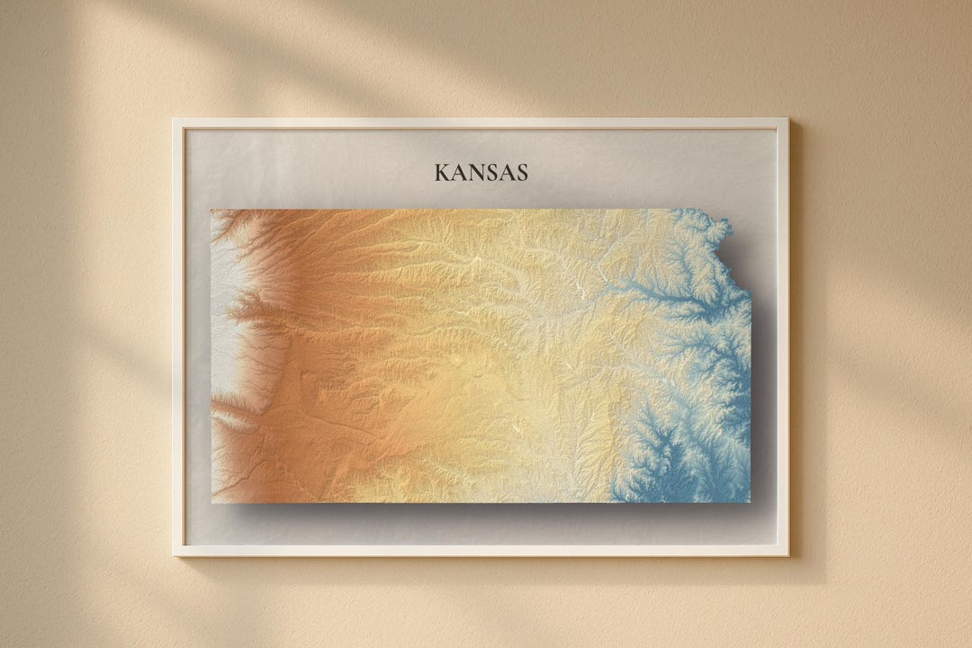 Topography Vector Kansas Kansas Topographic Map Digital Download | Elevation Relief Art, State ...