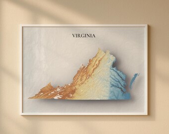 Virginia Topographic Map Print | Elevation Relief Wall Art, State Poster, Terrain Map Gift