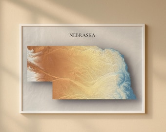 Nebraska Topographic Map Print | Elevation Relief Wall Art, State Poster, Terrain Map Gift