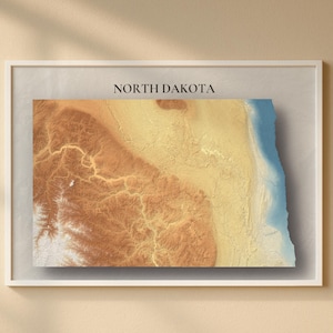 May include: Framed wall art featuring a topographical map of North Dakota. The map displays a detailed relief in shades of brown, tan, and blue, with the state's name in black text at the top. The artwork is encased in a white frame.