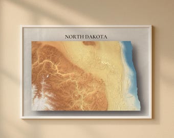North Dakota Topographic Map Print | Elevation Relief Wall Art, State Poster, Terrain Map Gift