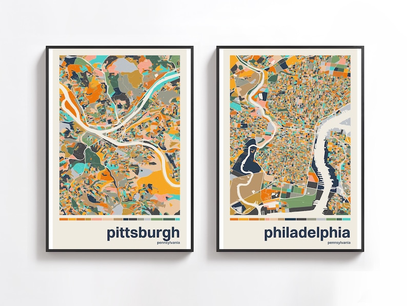 Philadelphia Colorful Map Art Print, Modern City Block Poster, Abstract ...