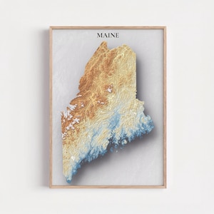 May include: Framed topographic map of Maine, USA. The map features a 3D rendering of the state's terrain, with colors ranging from blue to brown, and the word "MAINE" at the top. The map is encased in a light brown wooden frame.
