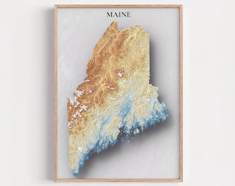 Maine Topographic Map Print | Elevation Relief Wall Art, State Poster, Terrain Map Gift