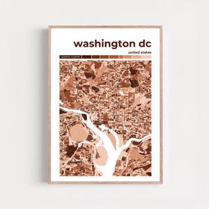 May include: A framed print featuring a detailed map of Washington, D.C., in shades of brown and beige. The city's name is displayed in bold, dark brown letters at the top, with "United States" below. The map includes the coordinates 38.8950° N, 77.0366° W.
