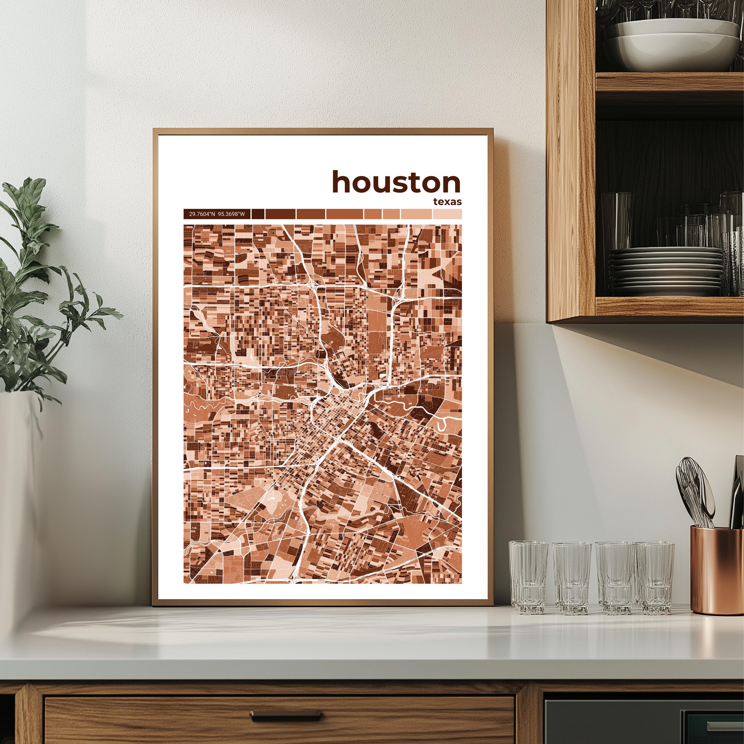Houston Map Print, Detailed Mosaic Wall Art, Shaded City Block Poster ...