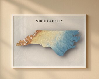 North Carolina Topographic Map Print | Elevation Relief Wall Art, State Poster, Terrain Map Gift