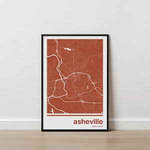 Póster con mapa de Asheville / Arte minimalista monocromático, elige tu color, regalo de aniversario