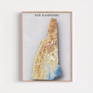 Puede incluir: Impresión artística enmarcada de New Hampshire, con un mapa topográfico 3D en tonos marrón, beige y azul. El nombre del estado está impreso en negro en la parte superior. La obra de arte está sobre un fondo gris claro.